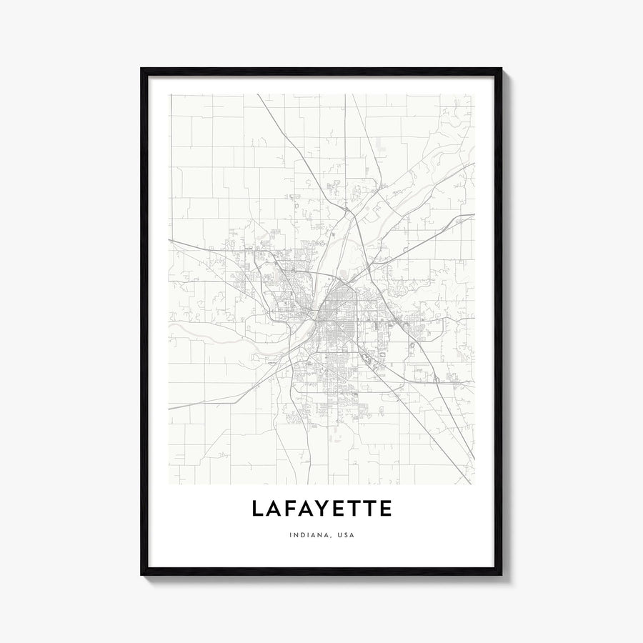 Lafayette, Indiana black & white map poster of Indiana, USA – vertical wall art, unframed print shown in interior mockup