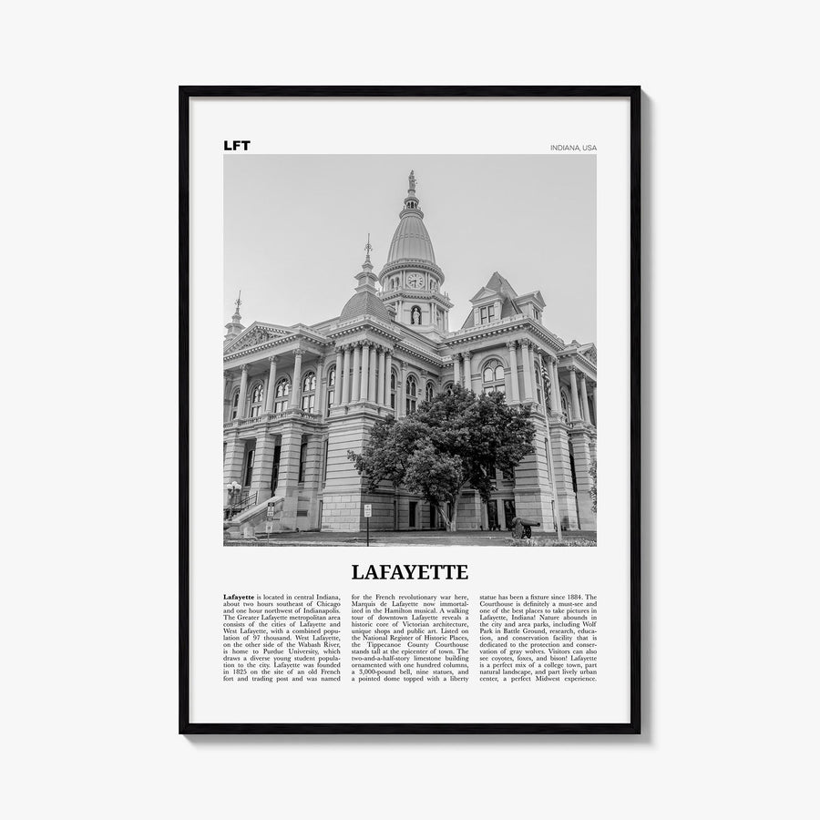 Lafayette, Indiana black & white newspaper poster of Indiana, USA – vertical wall art, unframed print shown in interior mocku