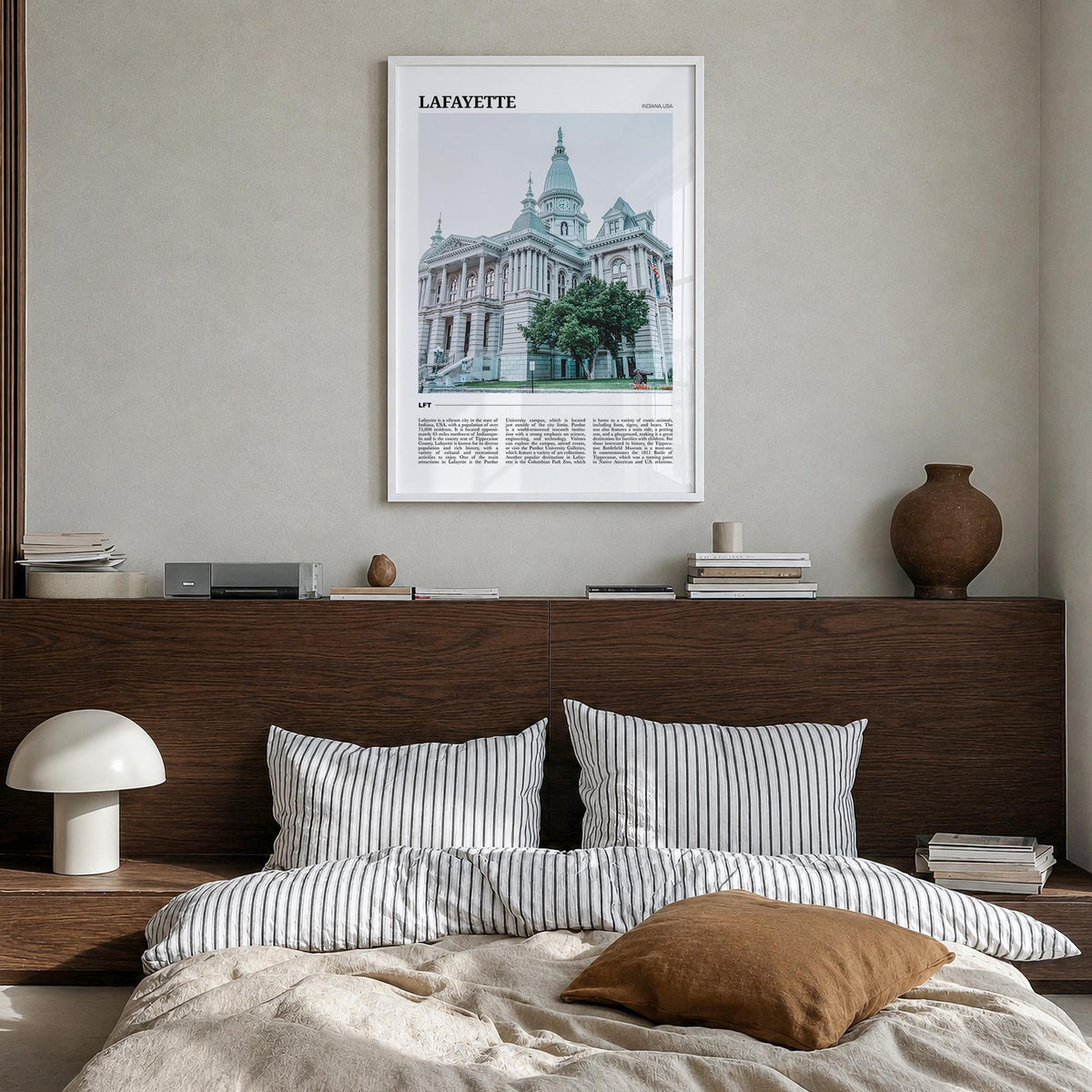 Lafayette, Indiana colorful travel poster of Indiana, USA – vertical wall art in white wood frame, hanging on wall