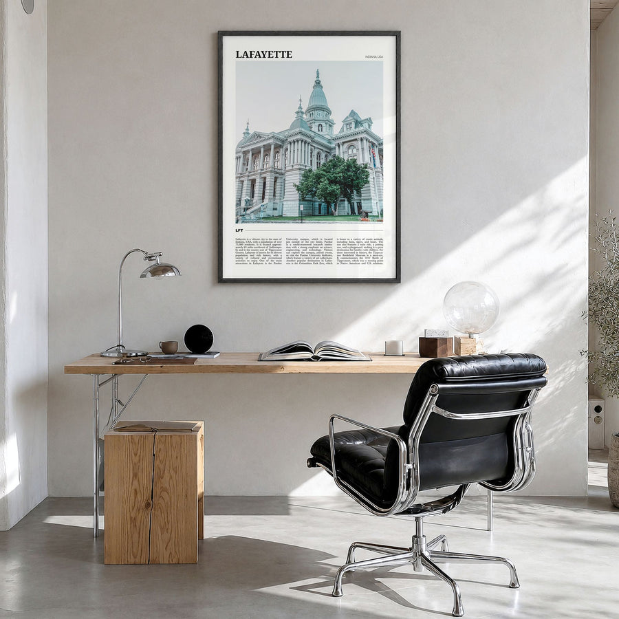Lafayette, Indiana Travel Poster in a black wood frame, hanging in a bright home office