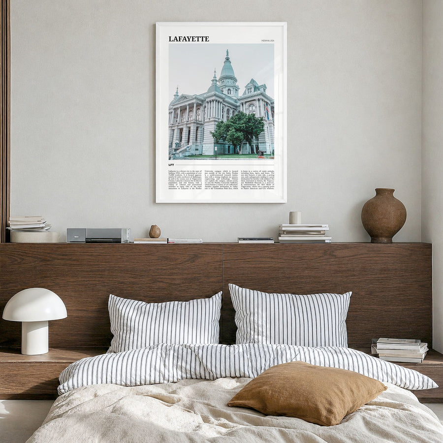 Lafayette, Indiana Travel Poster in a white wood frame, hanging in a bedroom