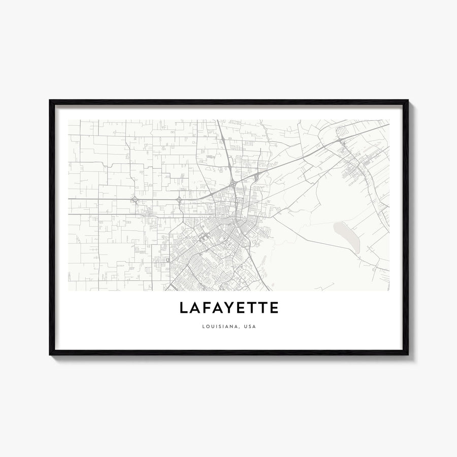 Lafayette, Louisiana black & white map poster of Louisiana, USA – horizontal wall art, unframed print shown in interior mocku