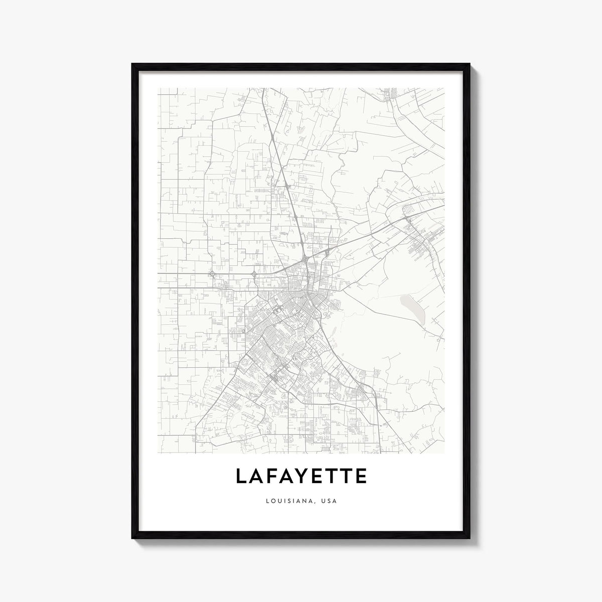Lafayette, Louisiana black & white map poster of Louisiana, USA – vertical wall art, unframed print shown in interior mockup