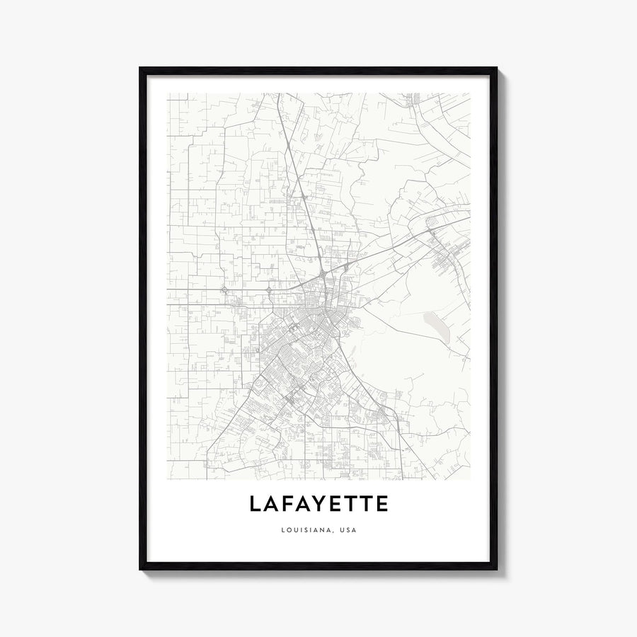 Lafayette, Louisiana black & white map poster of Louisiana, USA – vertical wall art, unframed print shown in interior mockup