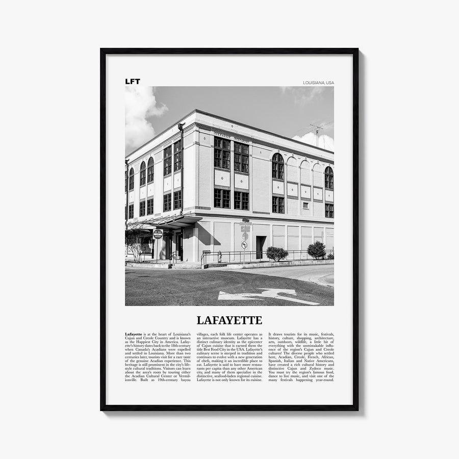 Lafayette, Louisiana black & white newspaper poster of Louisiana, USA – vertical wall art, unframed print shown in interior m