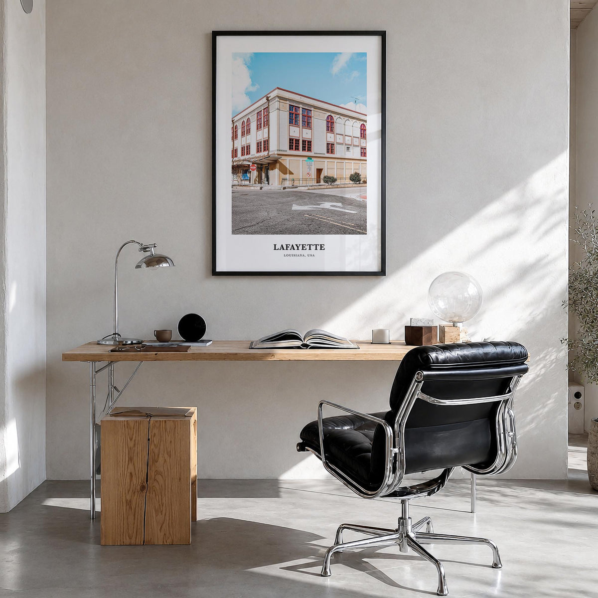 Lafayette, Louisiana colorful classic poster of Louisiana, USA – vertical wall art in black wood frame, hanging on wall