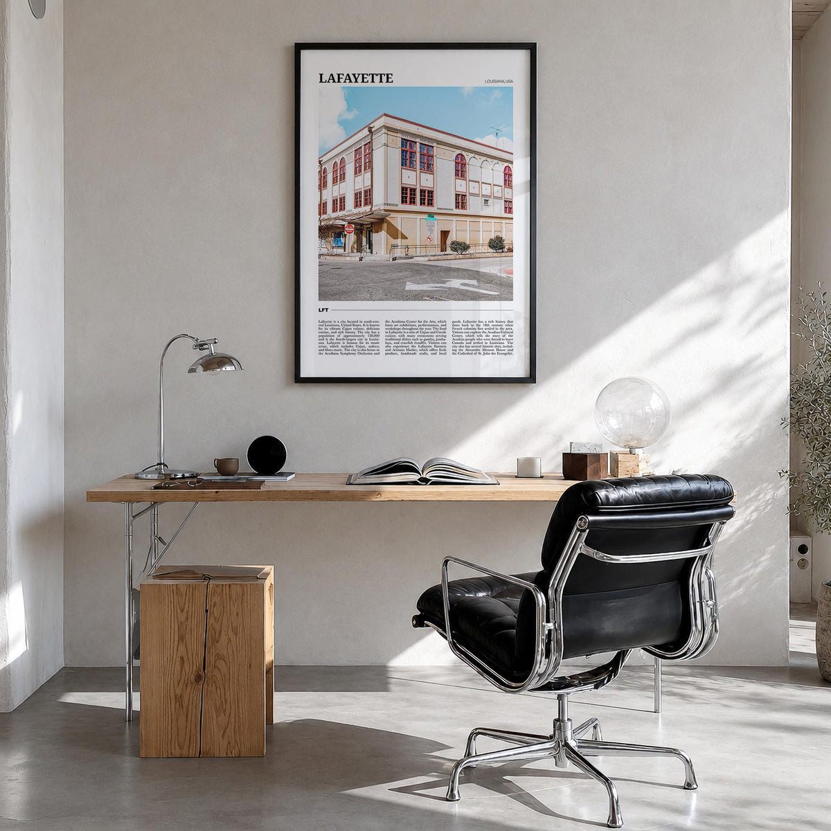 Lafayette, Louisiana colorful travel poster of Louisiana, USA – vertical wall art in black wood frame, hanging on wall