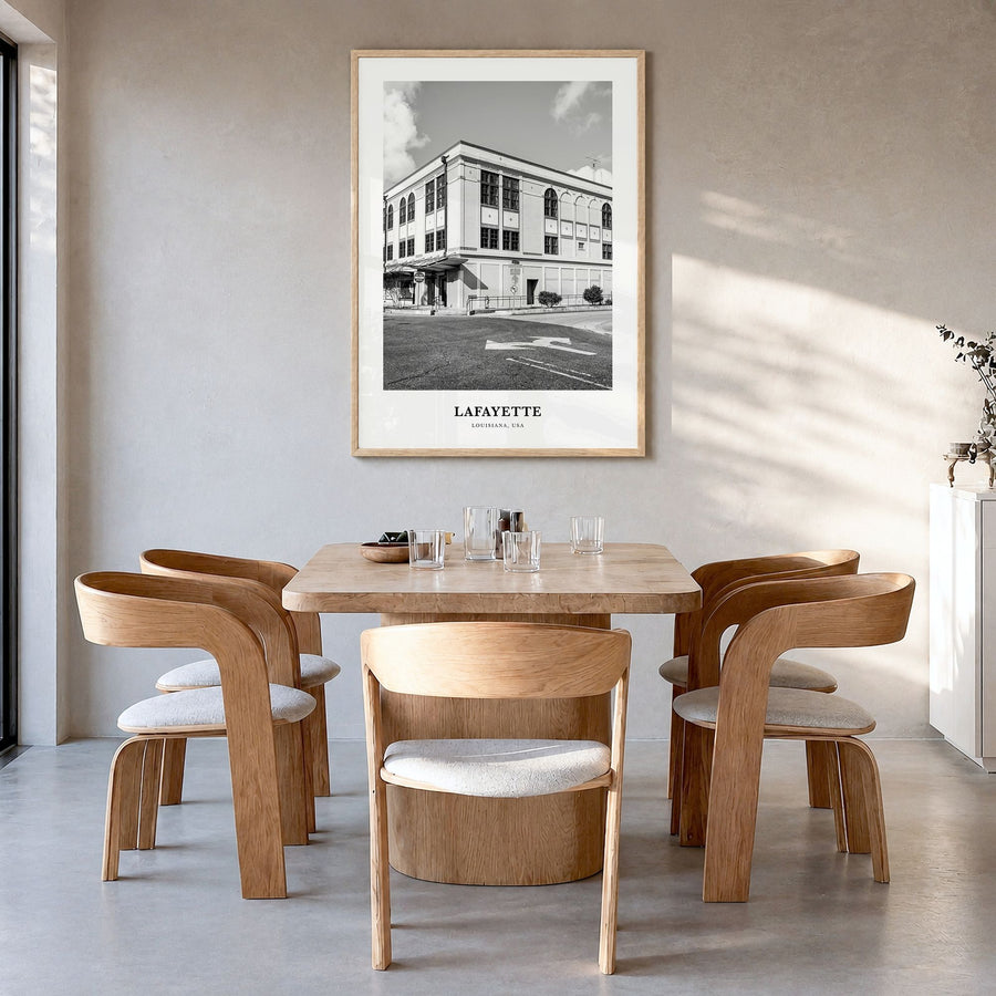 Lafayette, Louisiana Classic Poster in a natural wood frame, hanging in a dining room