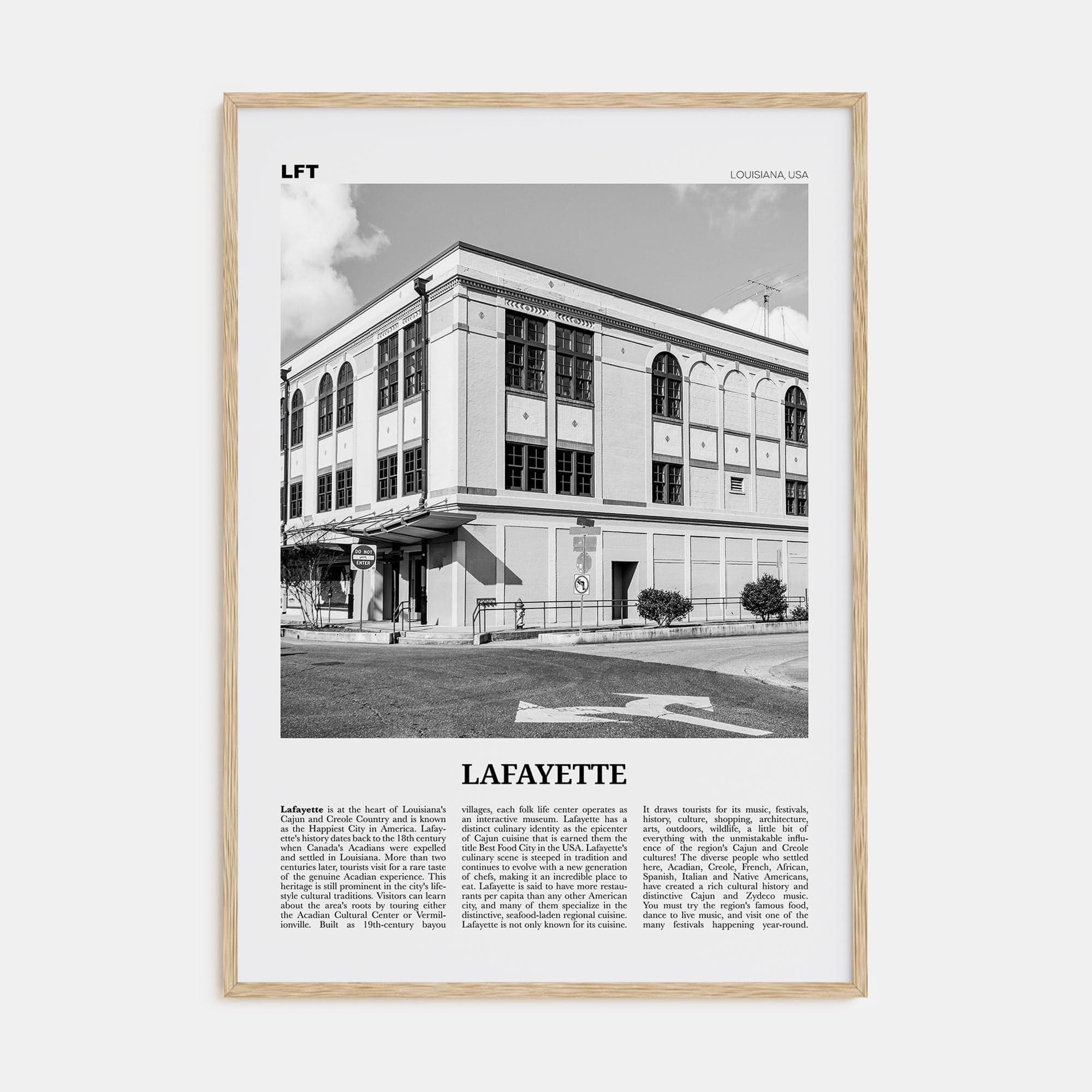 Lafayette, Louisiana Poster Natural Wood / 8x12 in Nbourhood Travel B&W Poster