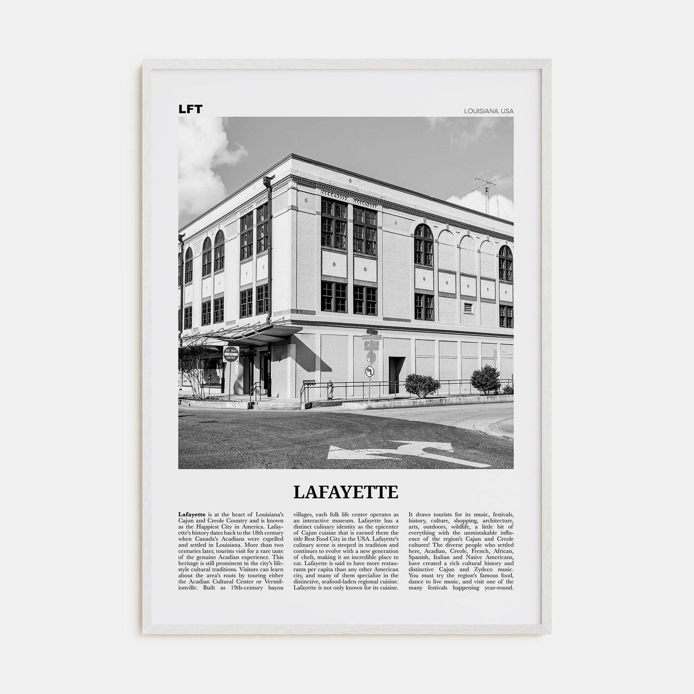 Lafayette, Louisiana Poster White Wood / 8x12 in Nbourhood Travel B&W Poster