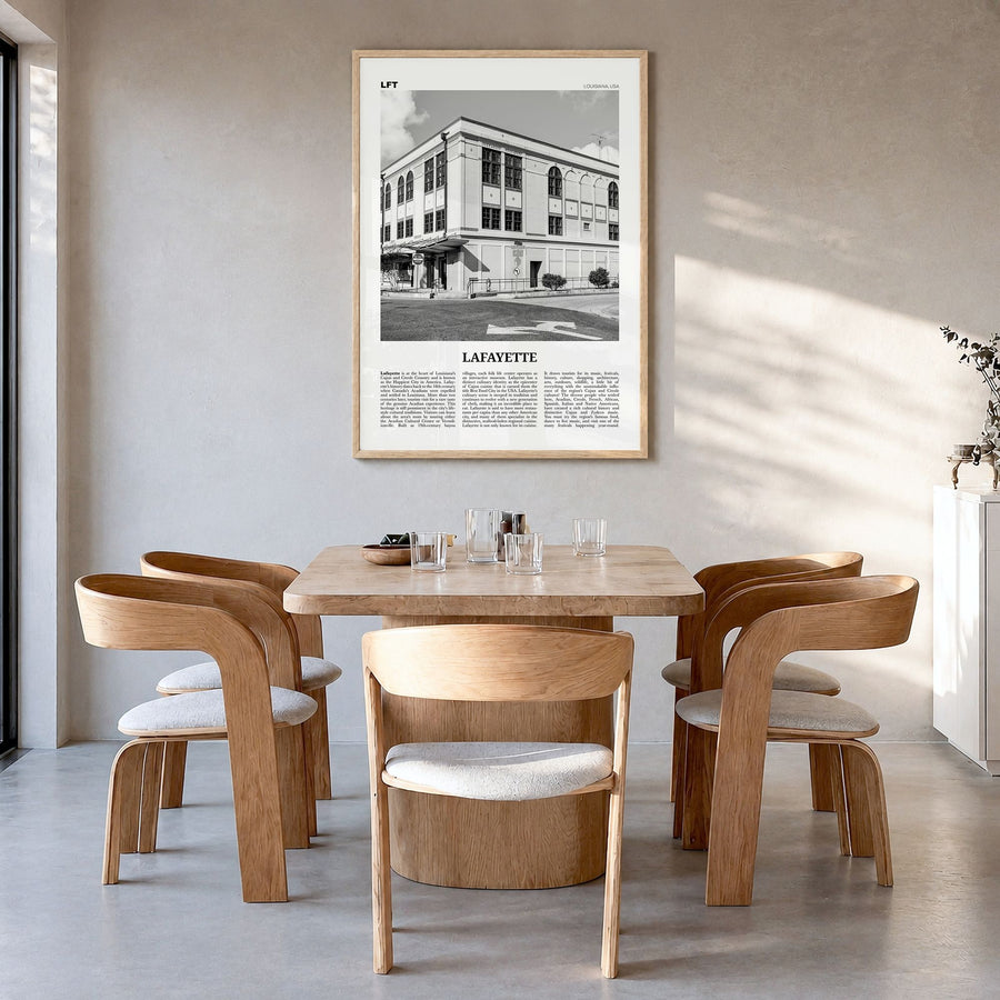 Lafayette, Louisiana Newspaper Poster in a natural wood frame, hanging in a dining room