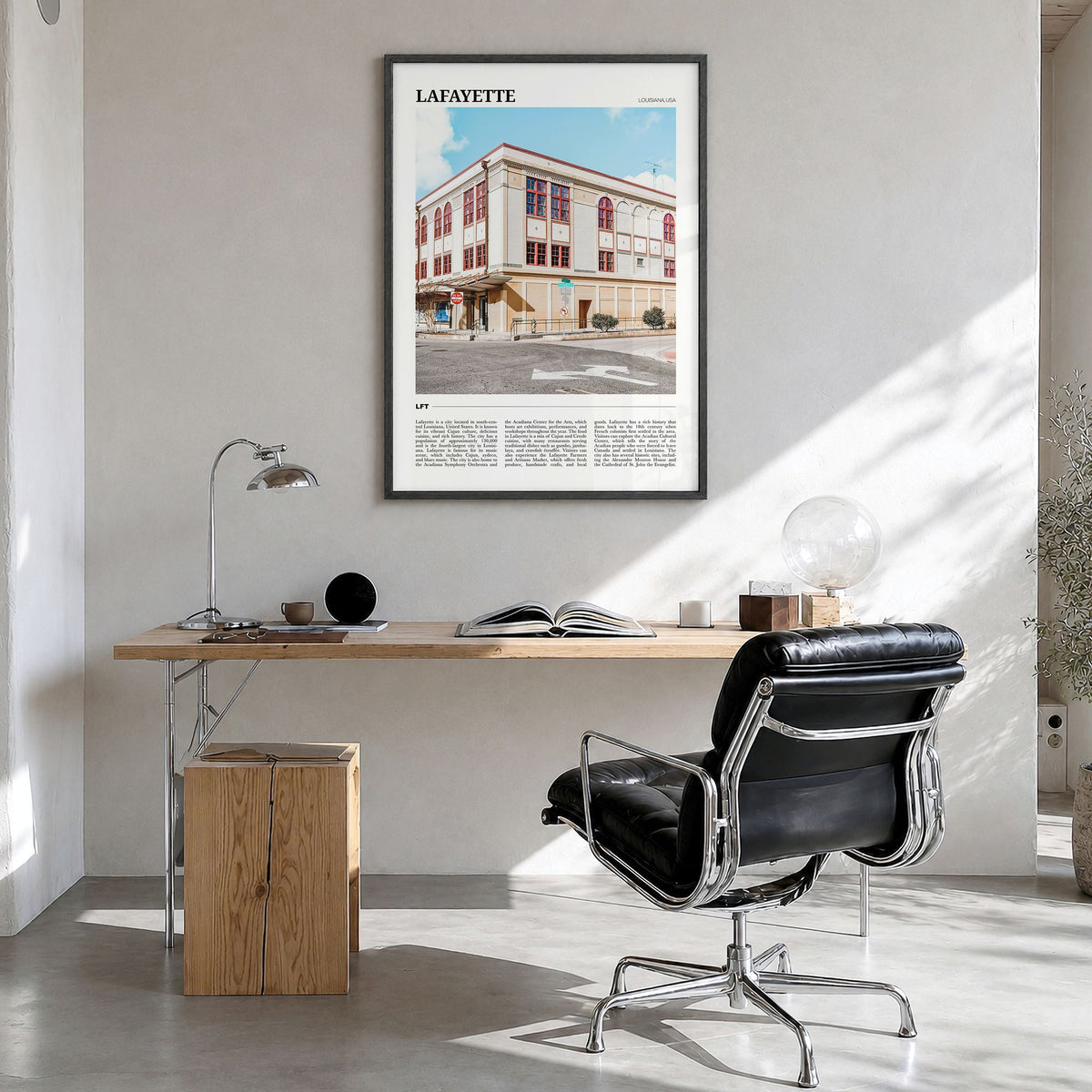 Lafayette, Louisiana Travel Poster in a black wood frame, hanging in a bright home office