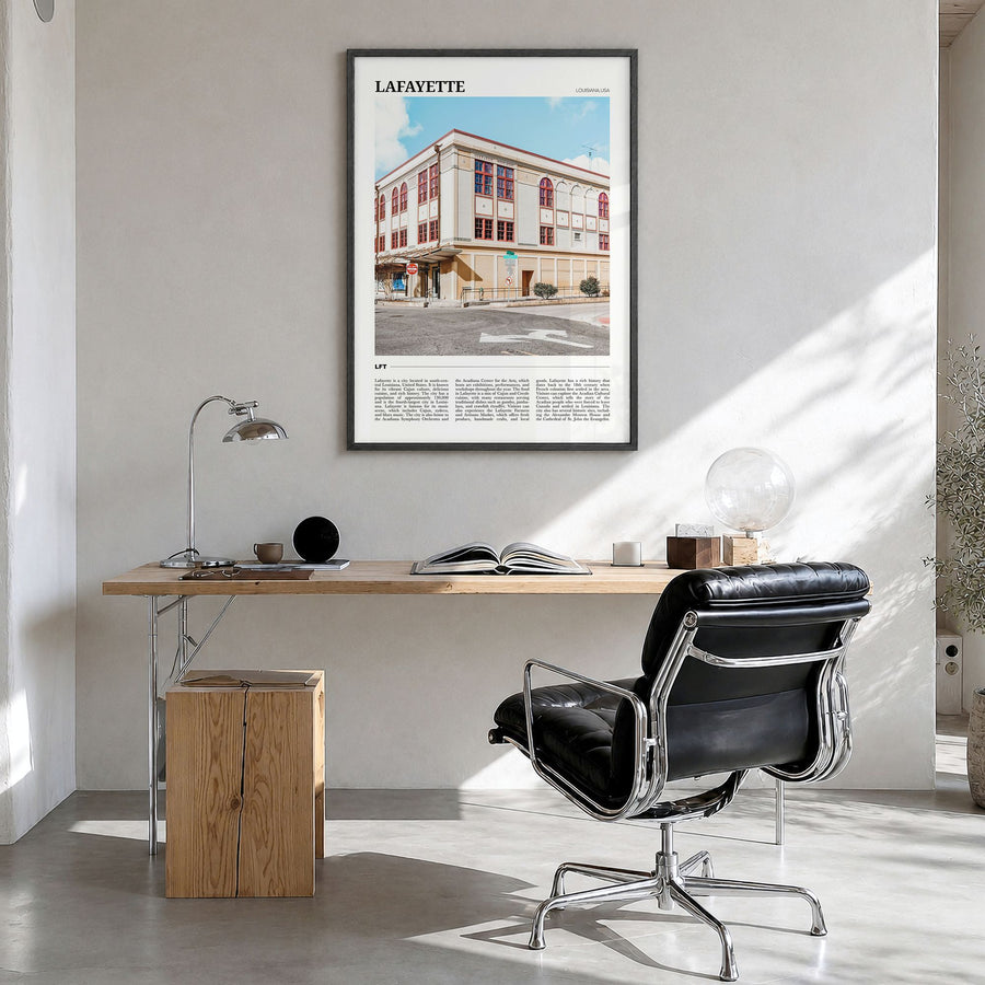 Lafayette, Louisiana Travel Poster in a black wood frame, hanging in a bright home office