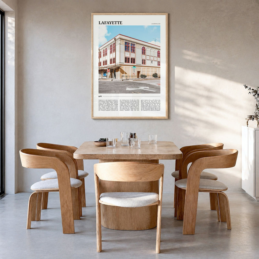 Lafayette, Louisiana Travel Poster in a natural wood frame, hanging in a dining room