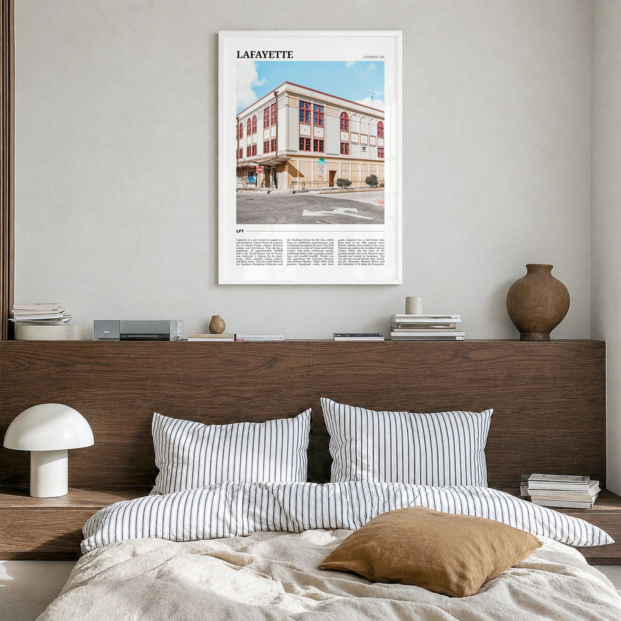 Lafayette, Louisiana Travel Poster in a white wood frame, hanging in a bedroom