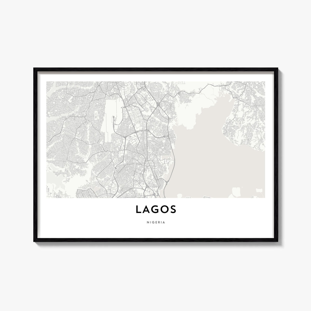 Lagos, Nigeria black & white map poster of Nigeria – horizontal wall art, unframed print shown in interior mockup