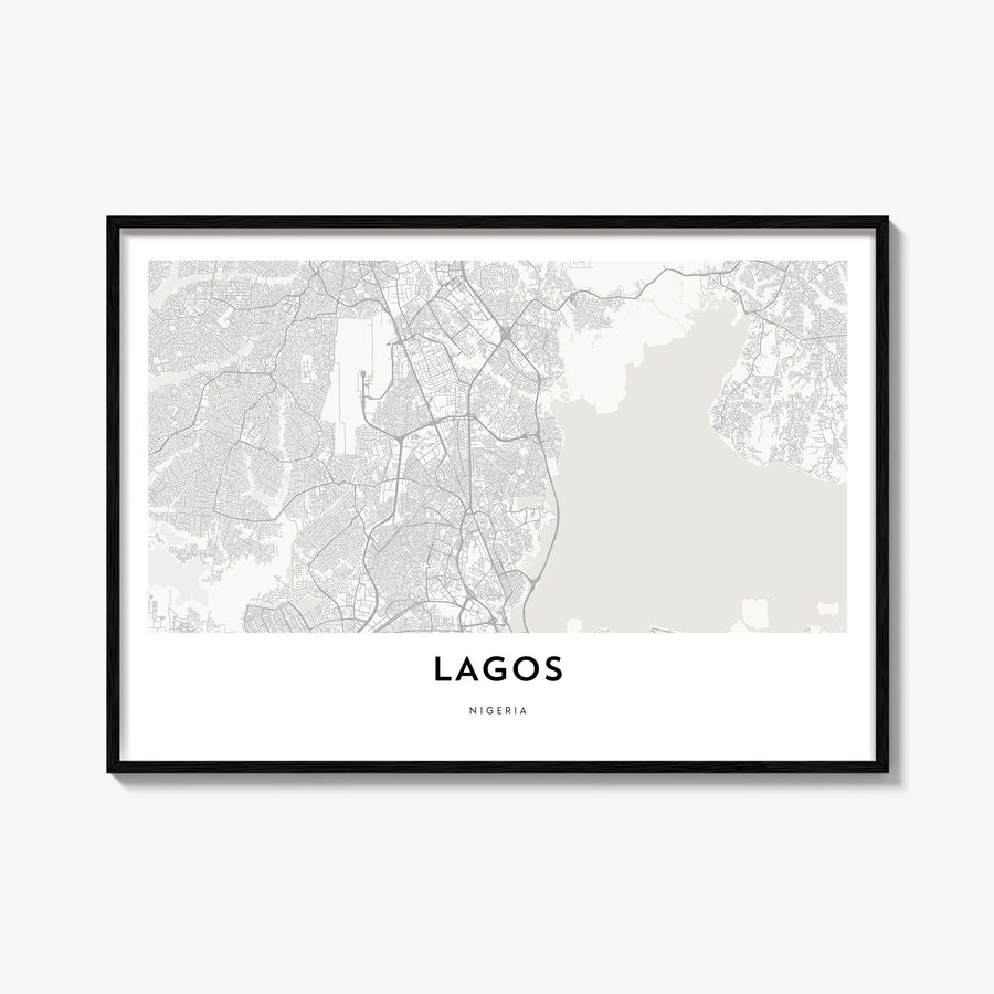 Lagos, Nigeria black & white map poster of Nigeria – horizontal wall art, unframed print shown in interior mockup