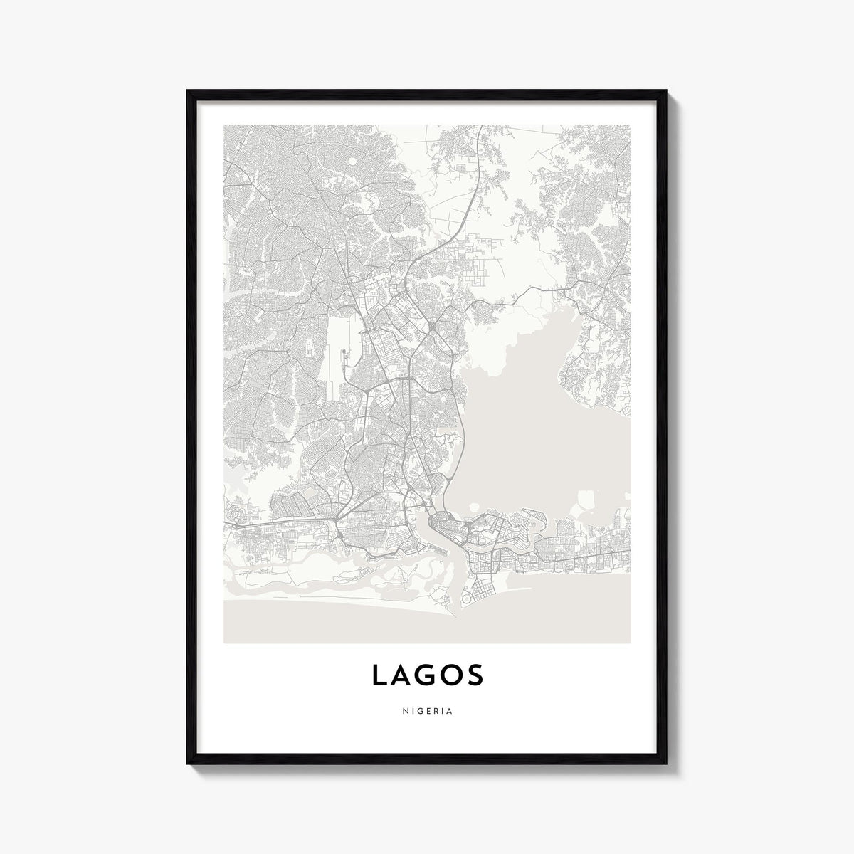 Lagos, Nigeria black & white map poster of Nigeria – vertical wall art, unframed print shown in interior mockup