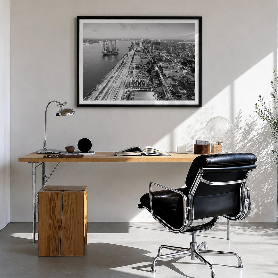 Lagos, Nigeria black & white photo poster of Nigeria – horizontal wall art in black wood frame with white border, hanging on 