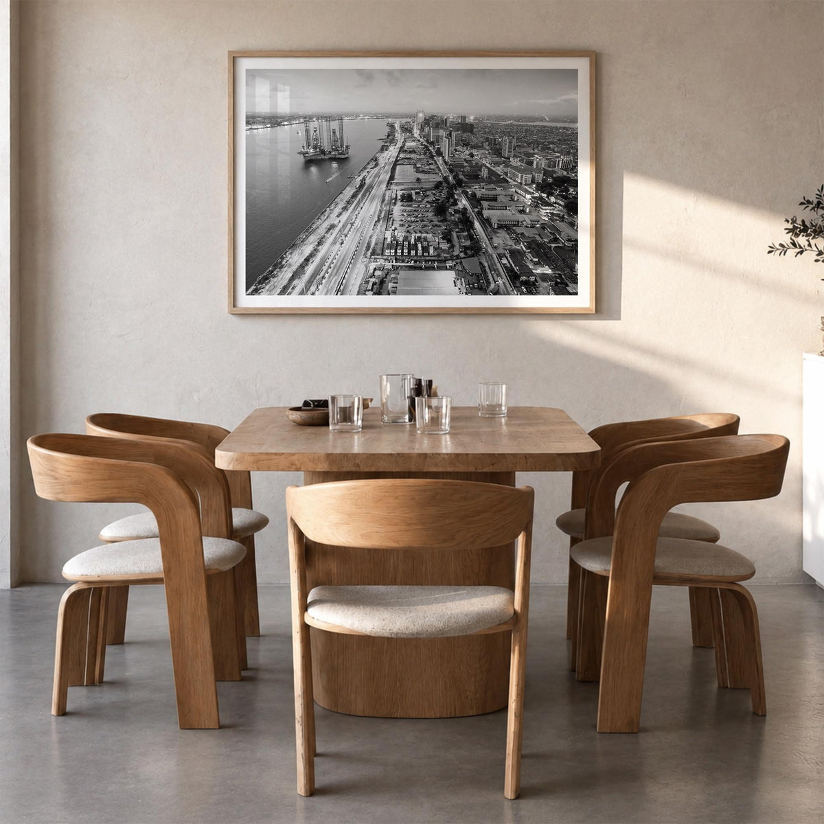 Lagos, Nigeria black & white photo poster of Nigeria – horizontal wall art in natural wood frame with white border, hanging o
