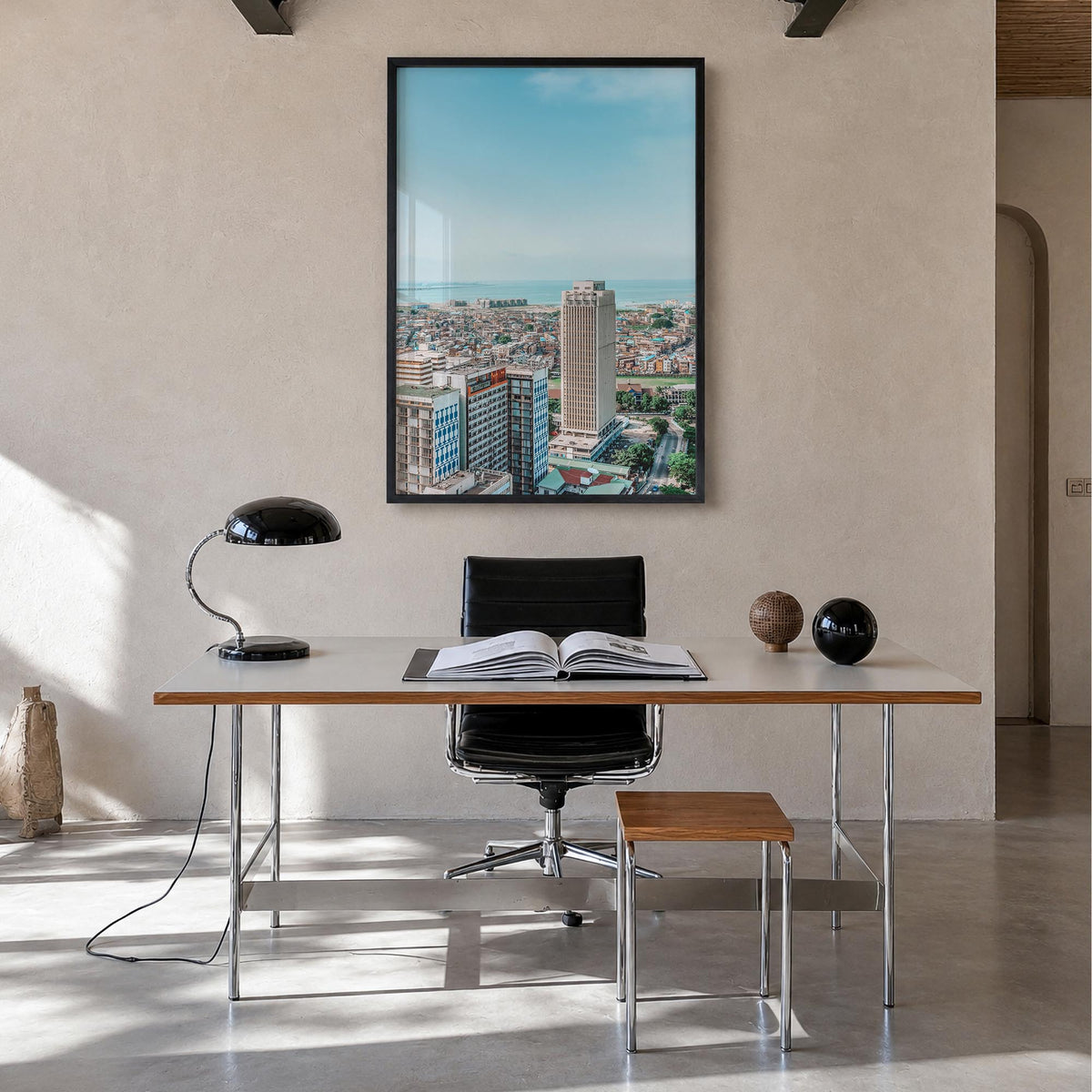 Lagos, Nigeria colorful photo poster of Nigeria – vertical wall art in black wood frame, hanging on wall