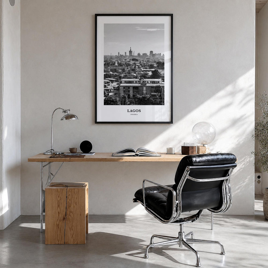 Lagos, Nigeria no. 1 black & white classic poster of Nigeria – vertical wall art in black wood frame, hanging on wall