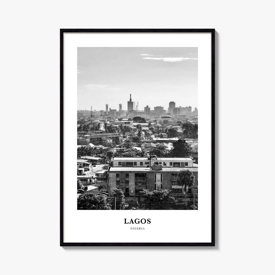 Lagos, Nigeria no. 1 black & white classic poster of Nigeria – vertical wall art, unframed print shown in interior mockup