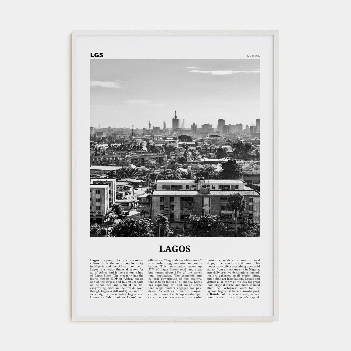 Lagos, Nigeria No 1 Poster White Wood / 8x12 in Nbourhood Travel B&W Poster