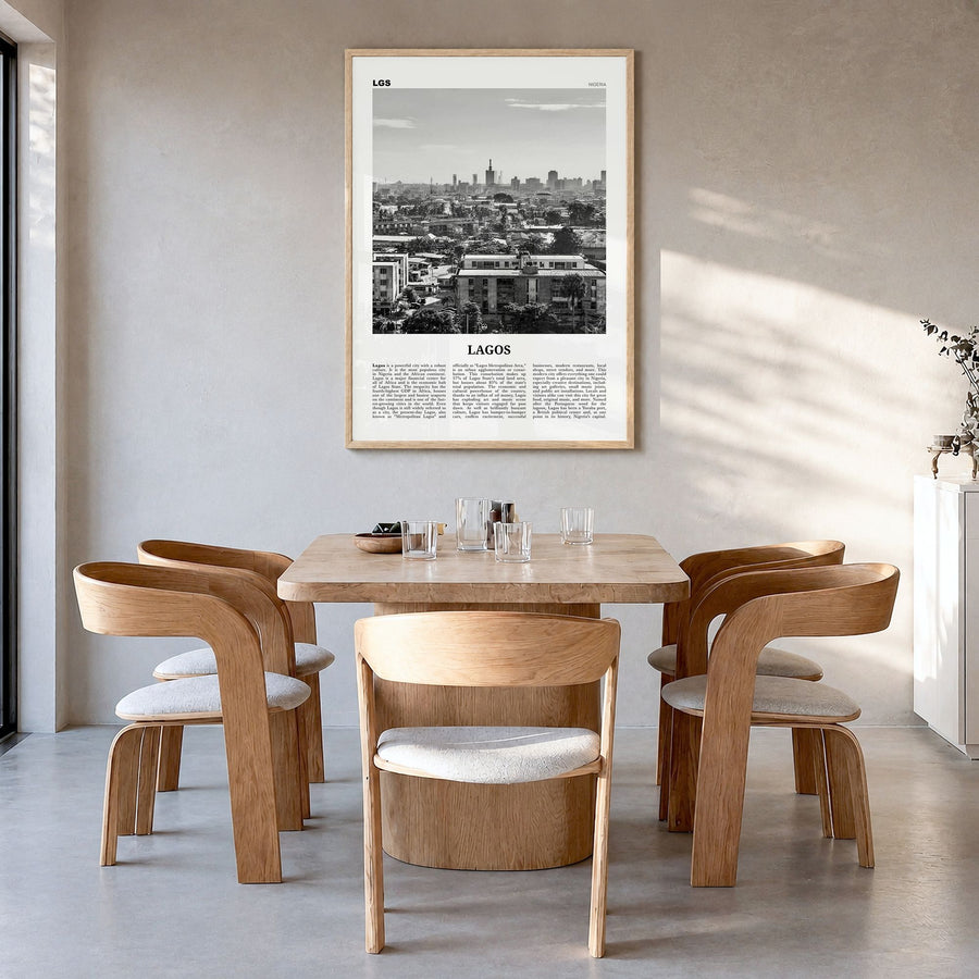 Lagos, Nigeria Newspaper No 1 Poster in a natural wood frame, hanging in a dining room