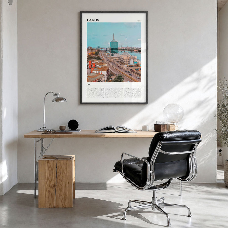 Lagos, Nigeria Travel Poster in a black wood frame, hanging in a bright home office
