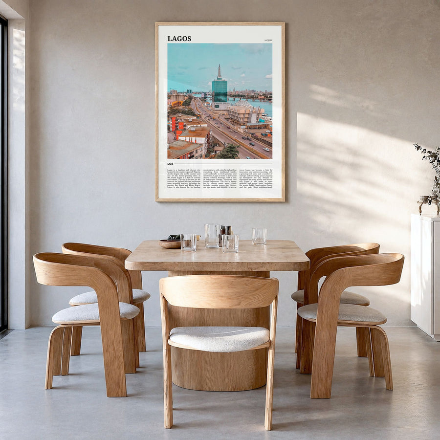 Lagos, Nigeria Travel Poster in a natural wood frame, hanging in a dining room