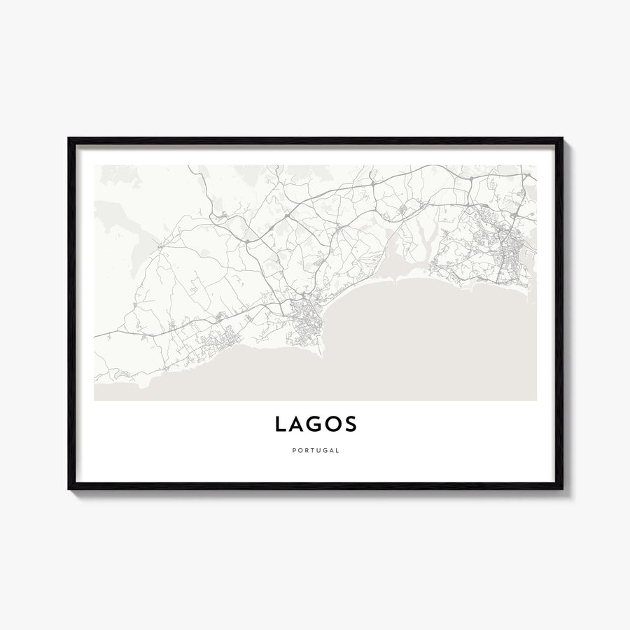 Lagos, Portugal black & white map poster of Portugal – horizontal wall art, unframed print shown in interior mockup