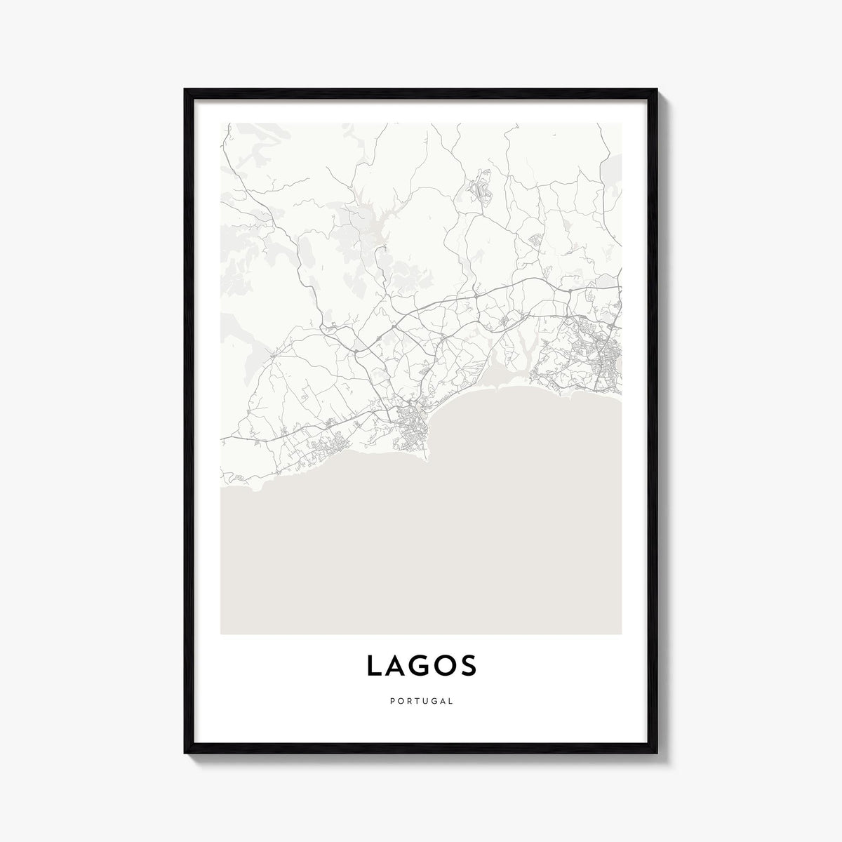 Lagos, Portugal black & white map poster of Portugal – vertical wall art, unframed print shown in interior mockup