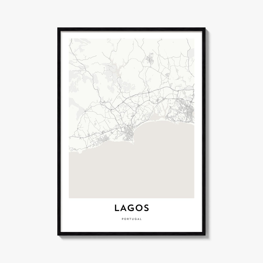 Lagos, Portugal black & white map poster of Portugal – vertical wall art, unframed print shown in interior mockup