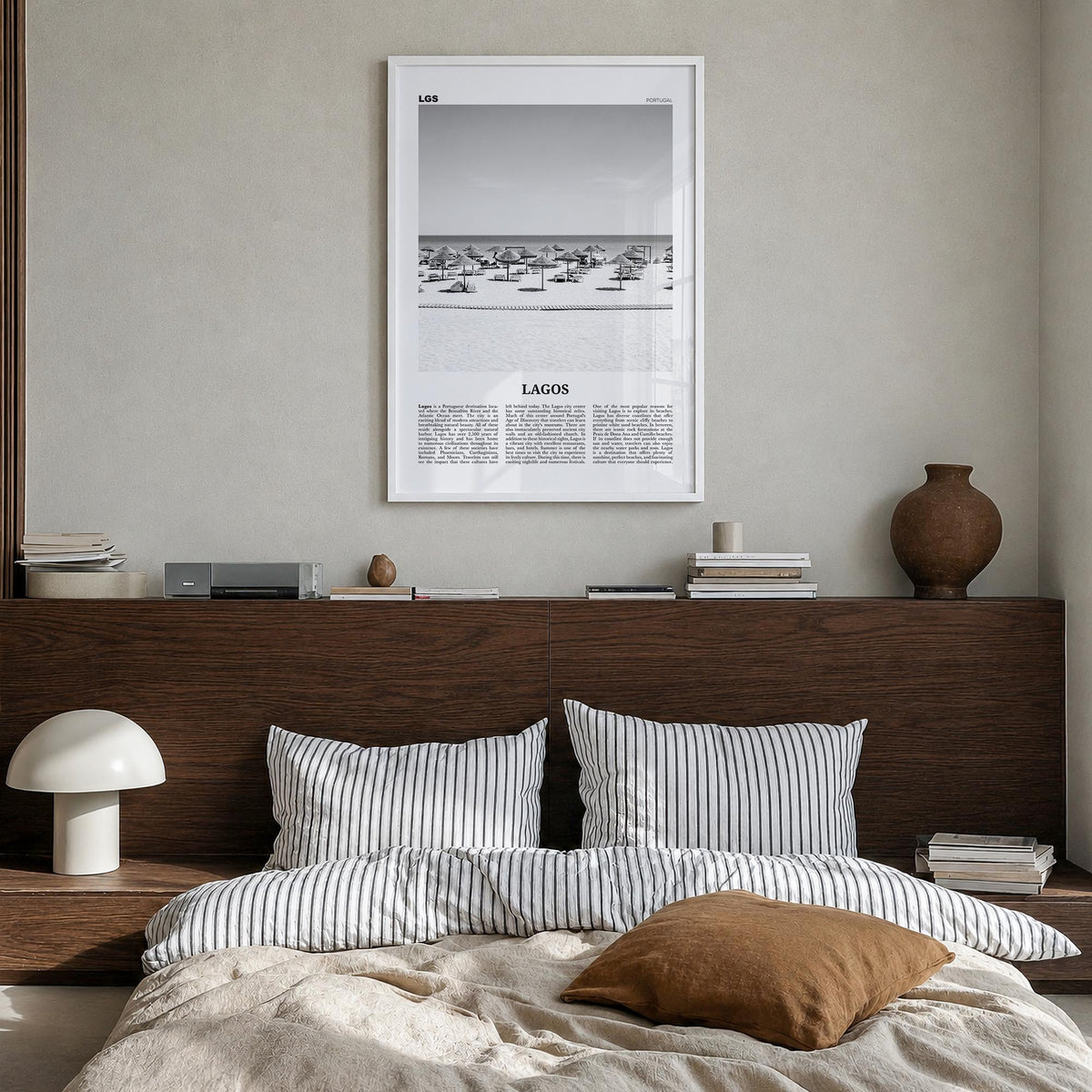 Lagos, Portugal black & white newspaper poster of Portugal – vertical wall art in white wood frame, hanging on wall