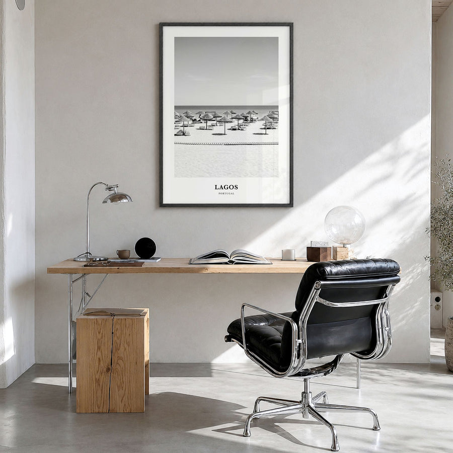 Lagos, Portugal Classic Poster in a black wood frame, hanging in a bright home office