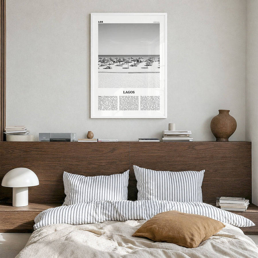 Lagos, Portugal Newspaper Poster in a white wood frame, hanging in a bedroom