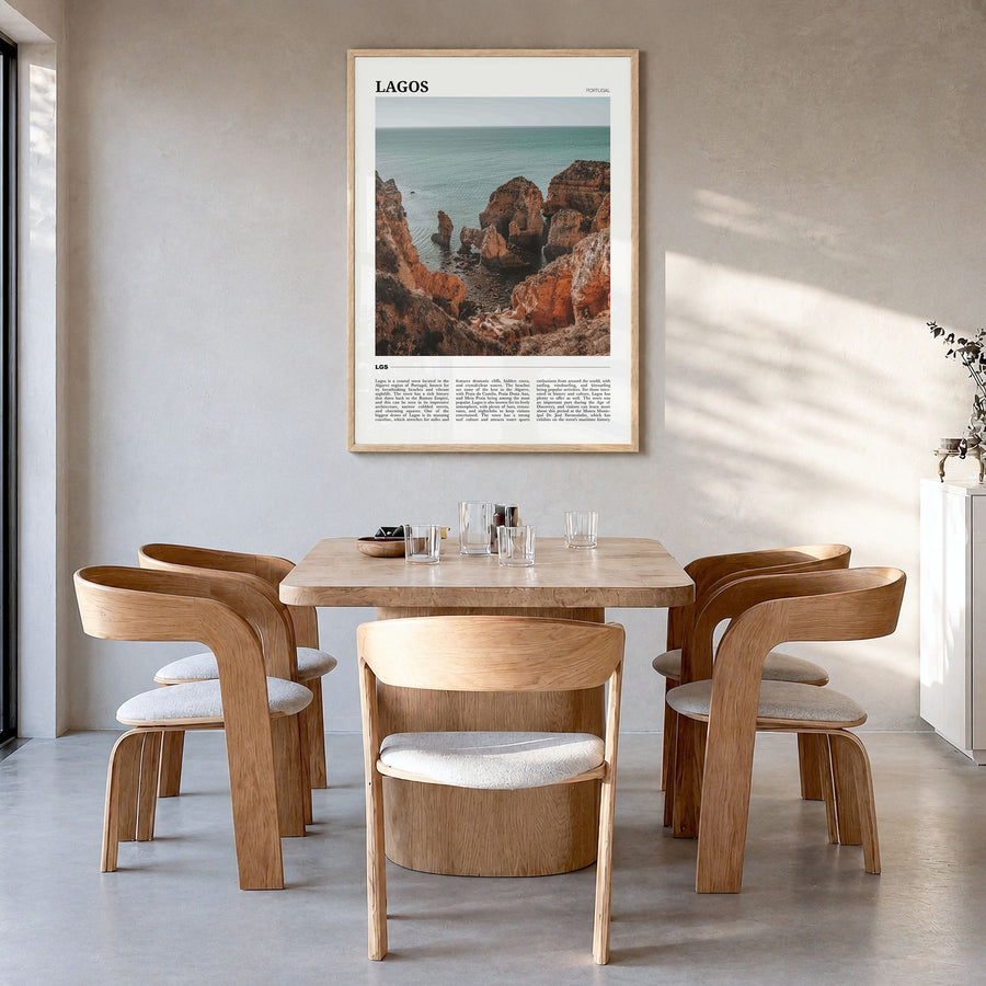 Lagos, Portugal Travel Poster in a natural wood frame, hanging in a dining room