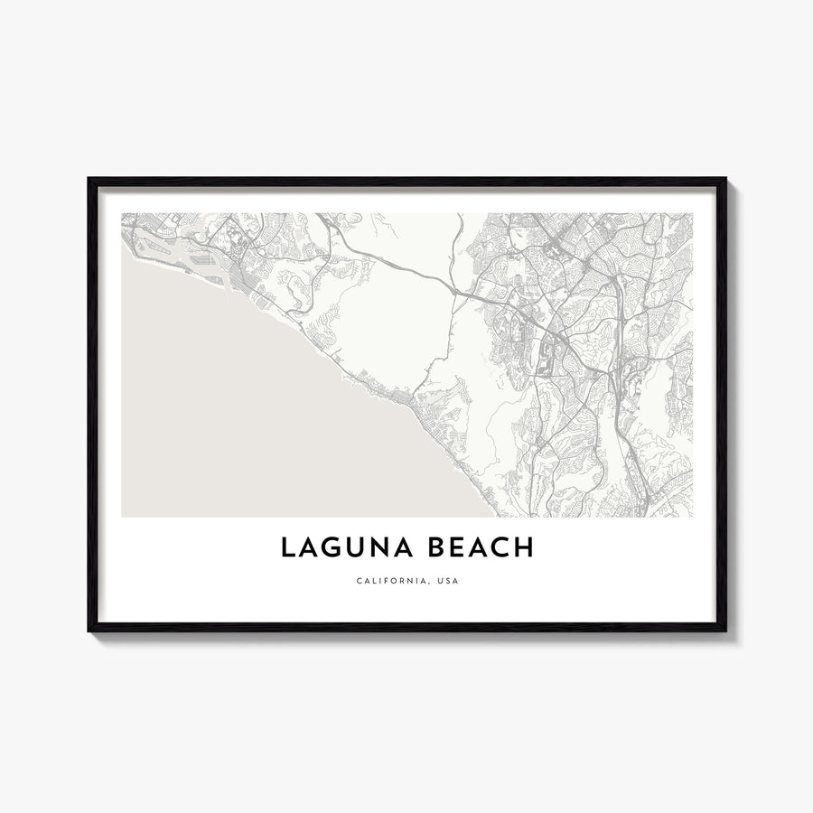 Laguna Beach black & white map poster of California, USA – horizontal wall art, unframed print shown in interior mockup