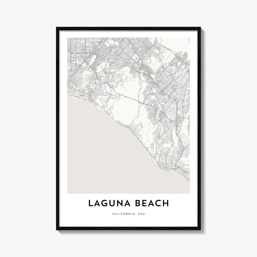 Laguna Beach black & white map poster of California, USA – vertical wall art, unframed print shown in interior mockup
