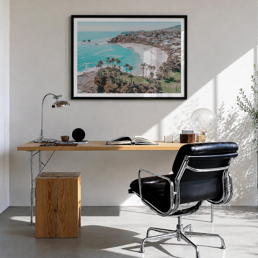 Laguna Beach colorful photo poster of California, USA – horizontal wall art in black wood frame with white border, hanging on