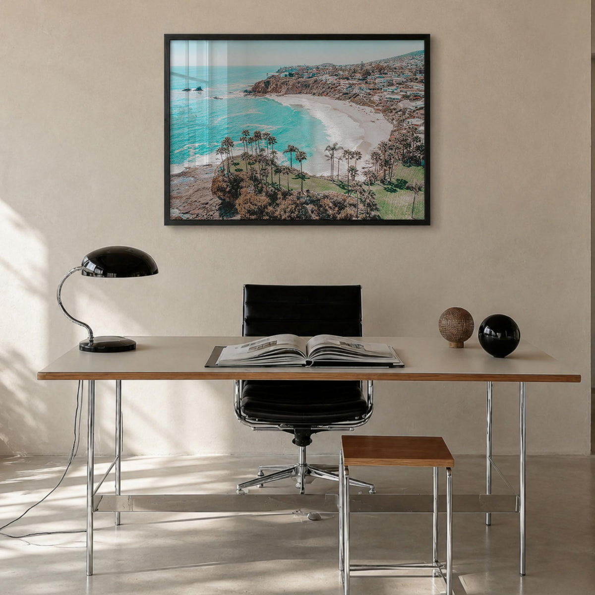 Laguna Beach colorful photo poster of California, USA – horizontal wall art in black wood frame, hanging on wall