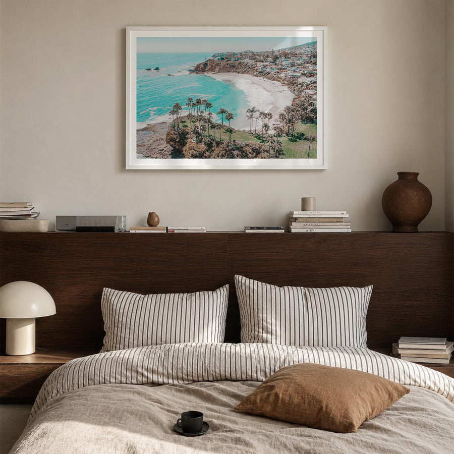 Laguna Beach colorful photo poster of California, USA – horizontal wall art in white wood frame with white border, hanging on