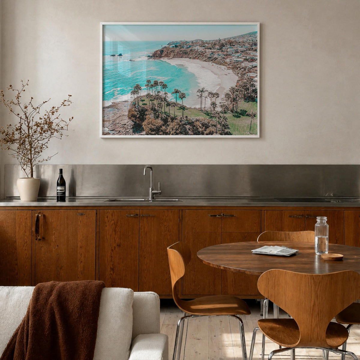 Laguna Beach colorful photo poster of California, USA – horizontal wall art in white wood frame, hanging on wall