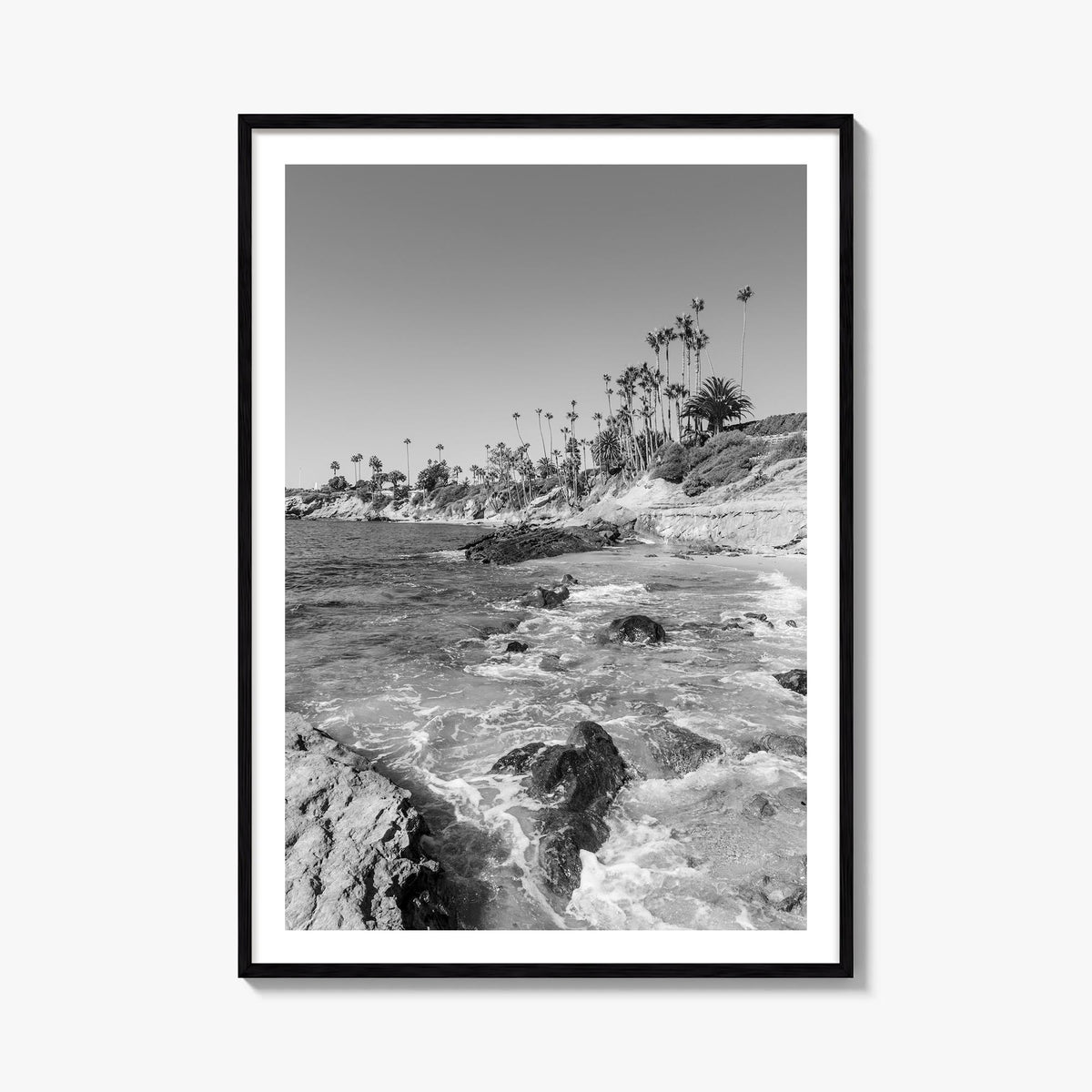 Laguna Beach no. 1 black & white photo poster of California, USA – vertical wall art, unframed print shown in interior mockup