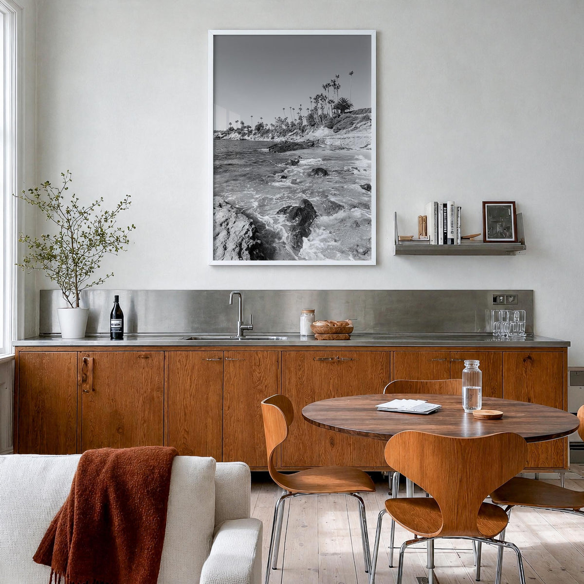 Laguna Beach no. 1 black & white photo poster of California, USA – vertical wall art in white wood frame, hanging on wall