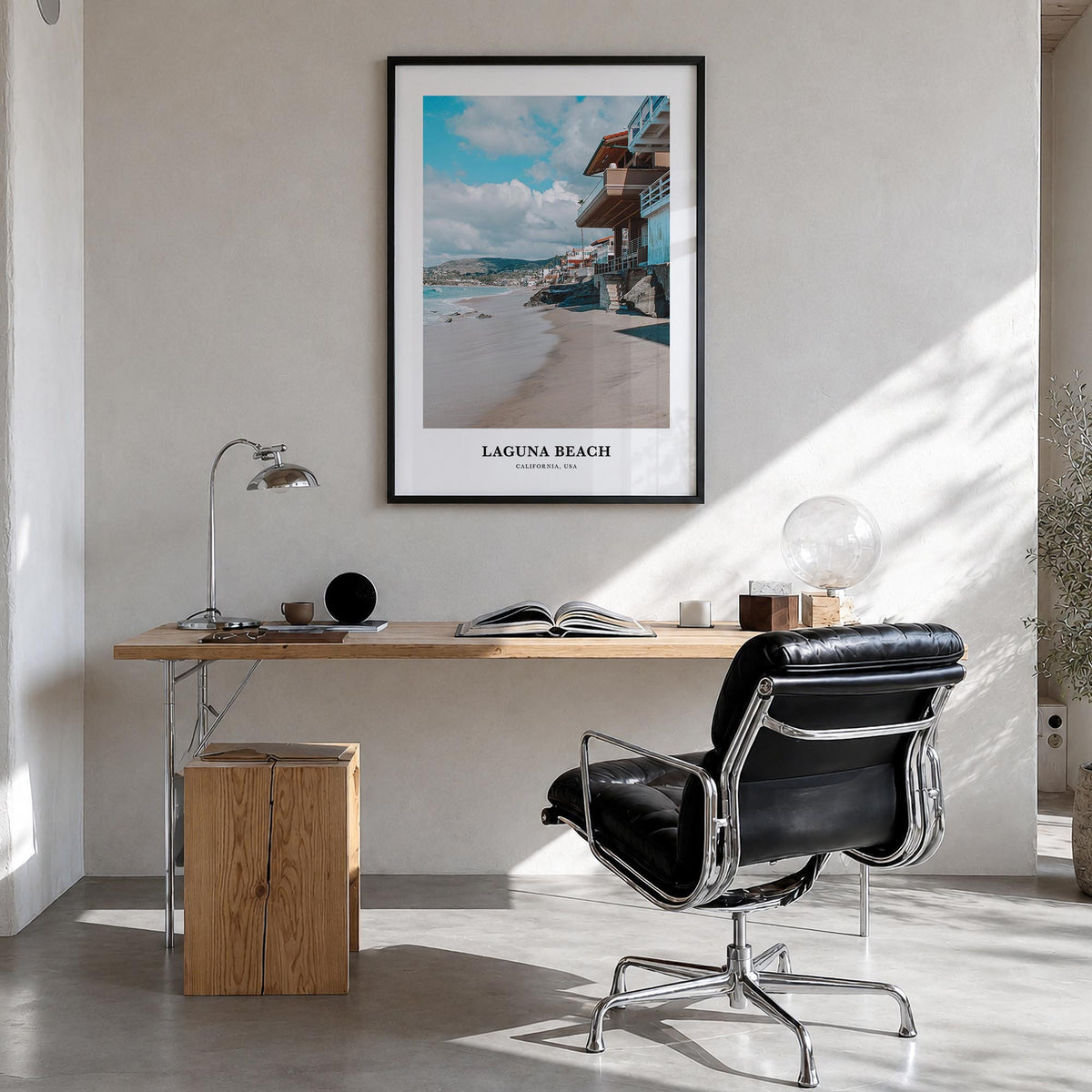 Laguna Beach no. 1 colorful classic poster of California, USA – vertical wall art in black wood frame, hanging on wall
