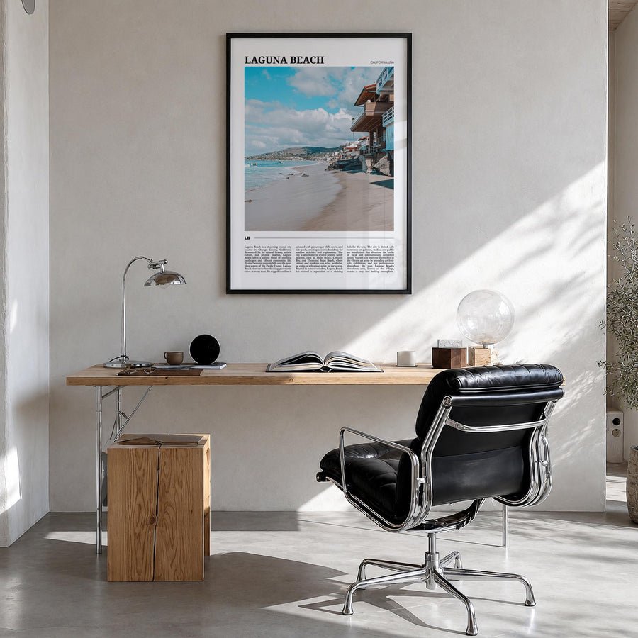 Laguna Beach no. 1 colorful travel poster of California, USA – vertical wall art in black wood frame, hanging on wall