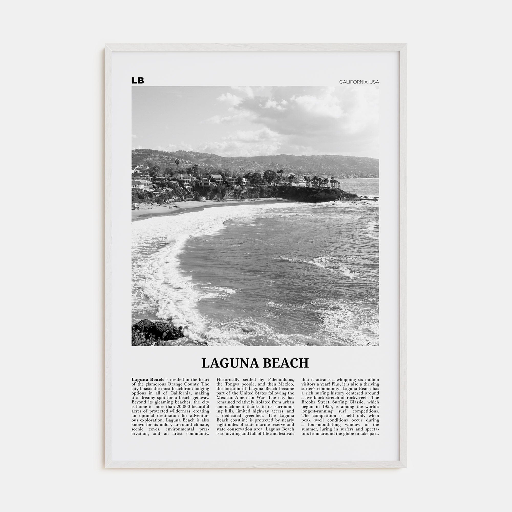 Laguna Beach No 1 Poster White Wood / 8x12 in Nbourhood Travel B&W Poster