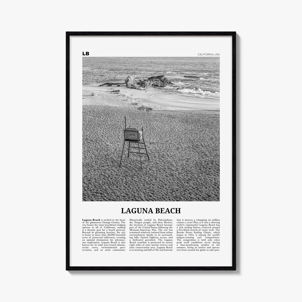 Laguna Beach no. 2 black & white newspaper poster of California, USA – vertical wall art, unframed print shown in interior mo